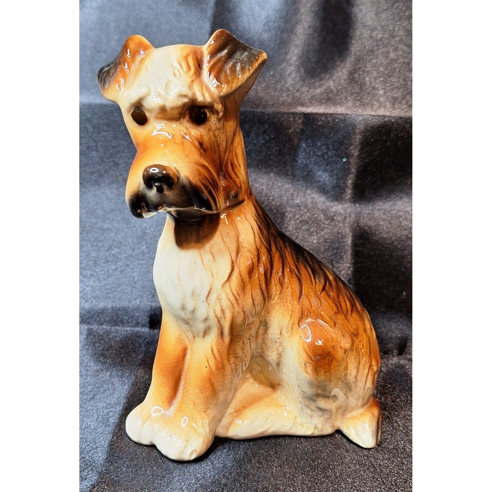 Vintage Ceramic Airedale Terrier Dog Figurine Brown Tan Seated 5.5 Inch